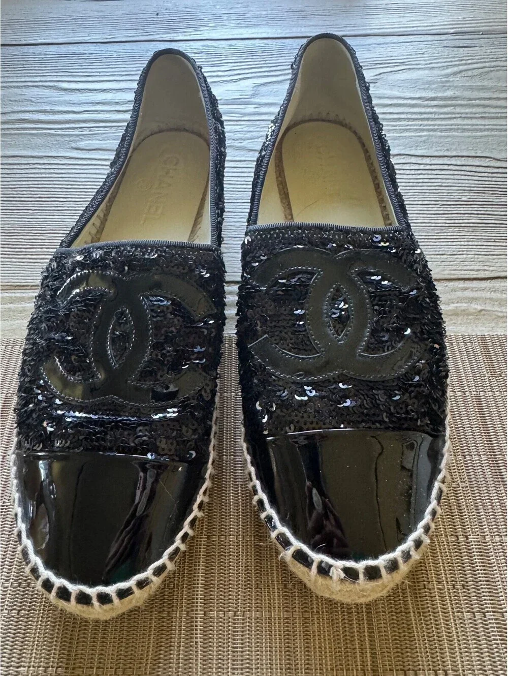 Chanel Tweed Patent Goatskin Sequin Espadrilles Flats EU40